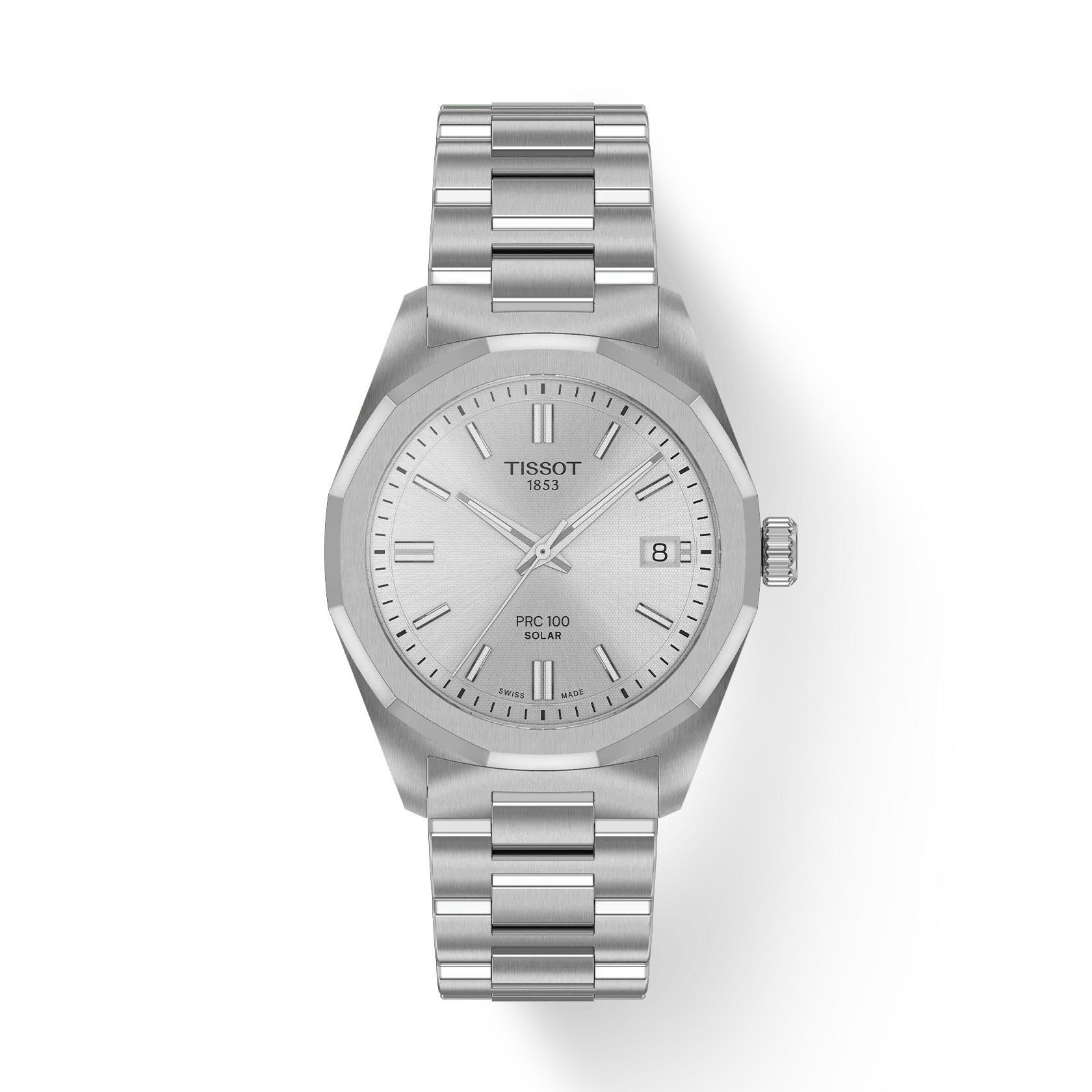 The Tissot PRC 100 Solar 34mm features a stainless steel case, silver dial with minimalist markers, and date display at 3 o’clock—an elegant solar-powered watch shown on a white background, perfect for any occasion.