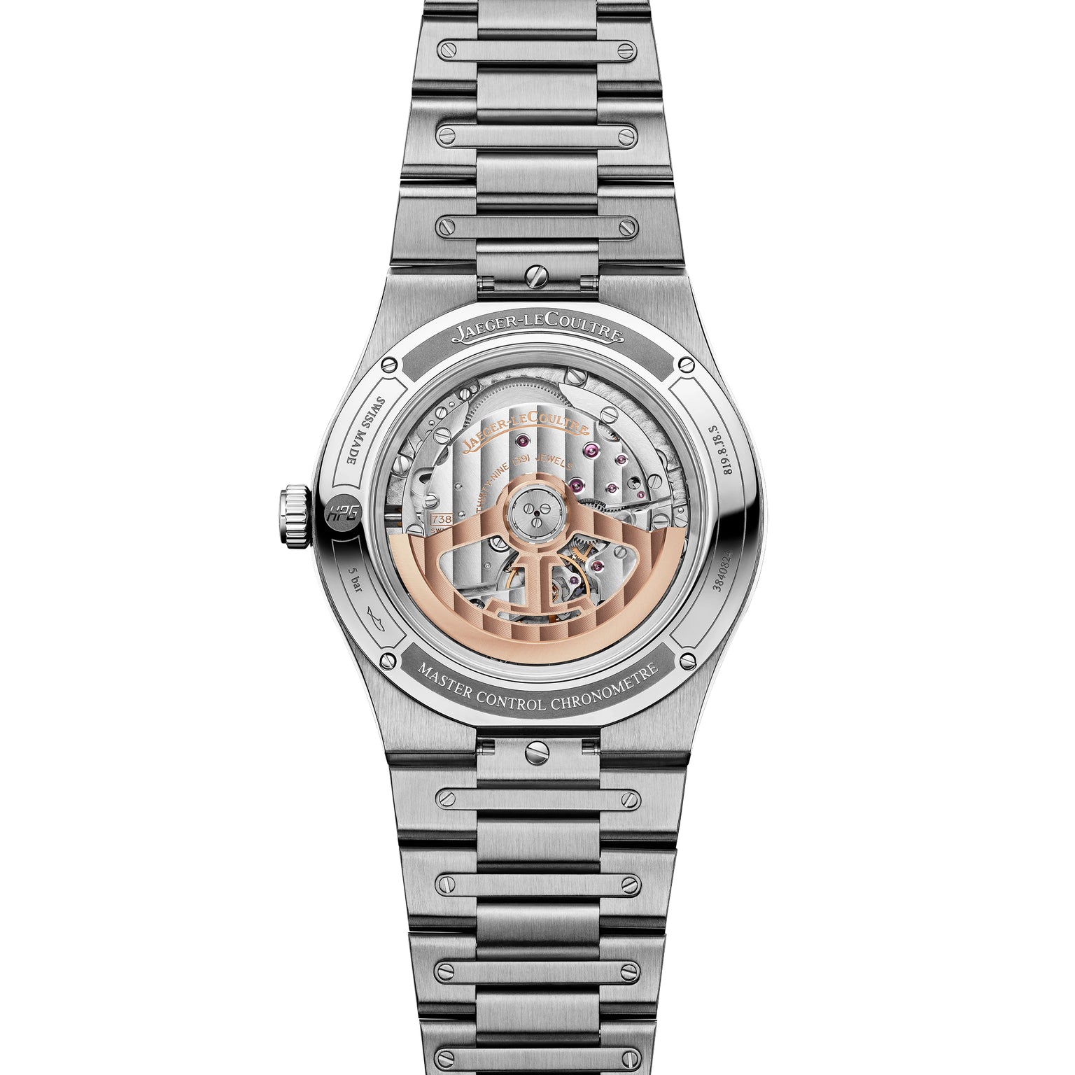 Silver stainless steel watch with visible skeleton movement, date window, and matching metal bracelet.