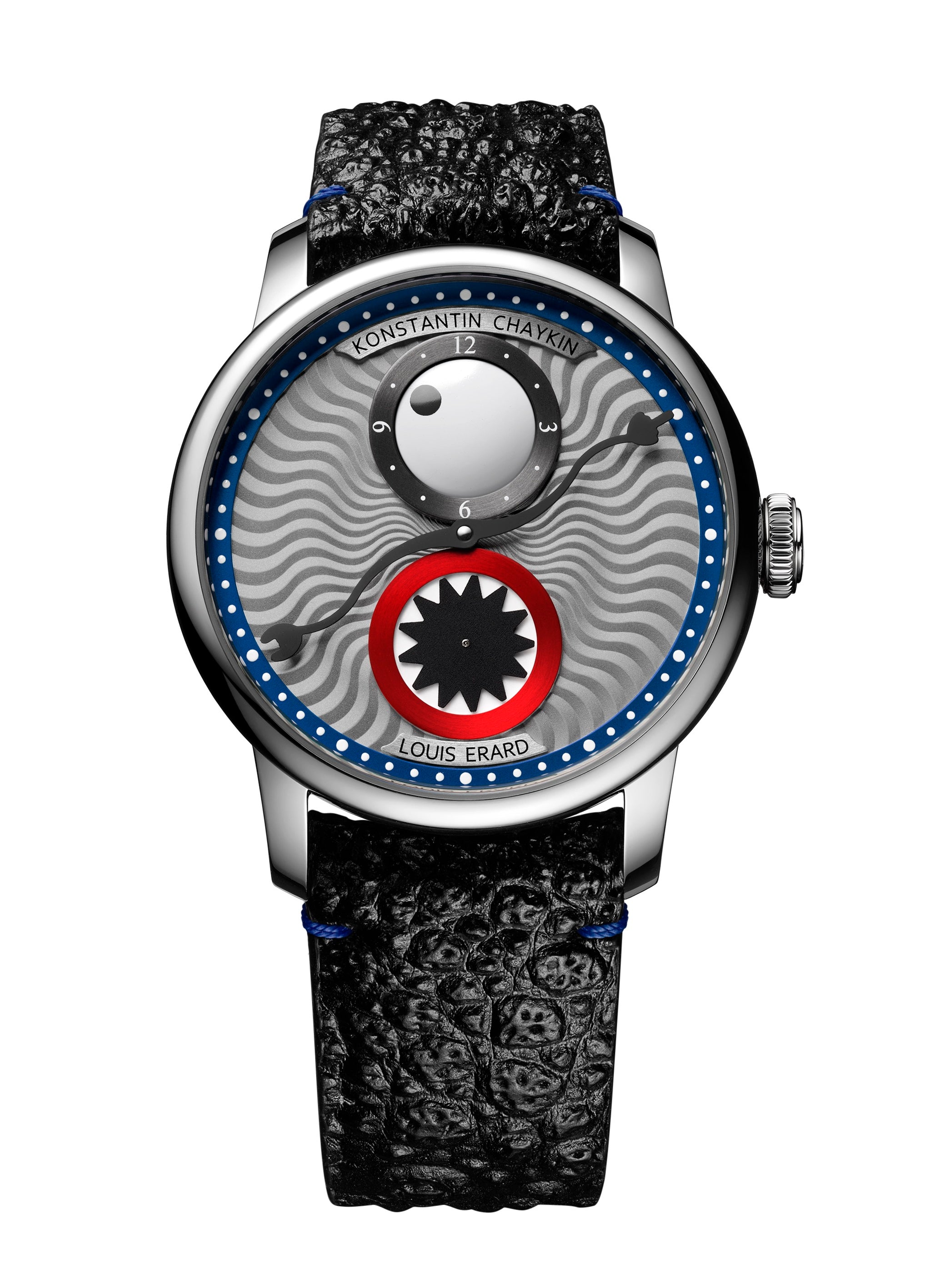 The Louis Erard La Régulateur is a wristwatch featuring a textured black strap, wavy silver dial, and unique abstract face design.