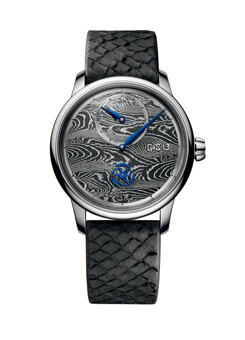 Watch with black leather strap and detailed face on a white background