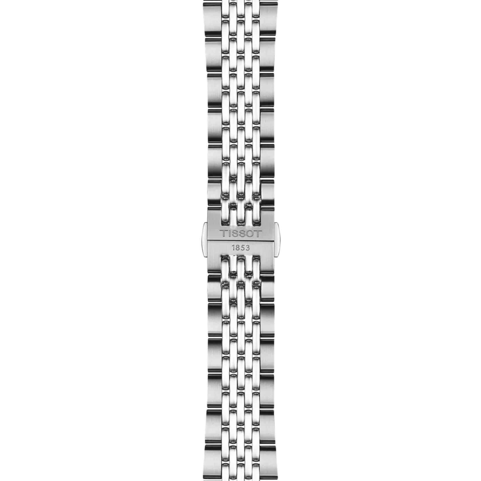 Stainless steel watch band with multi-link bracelet design and Tissot 1853 clasp.