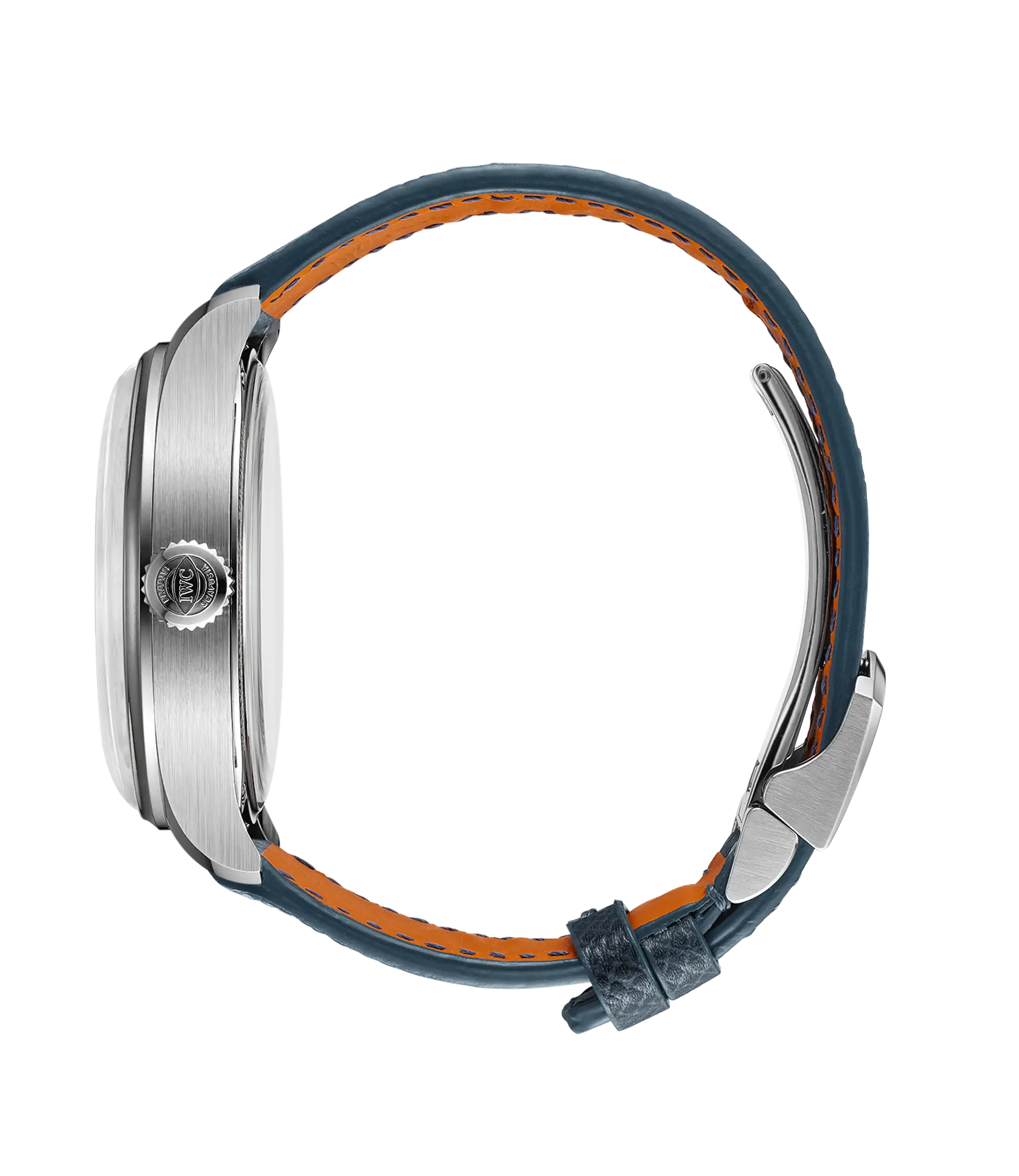 Side view of the IWC Schaffhausen Portugieser Perpetual Calendar 44, featuring a blue leather strap with orange underside, crown, and buckle clasp, displayed against a white background.