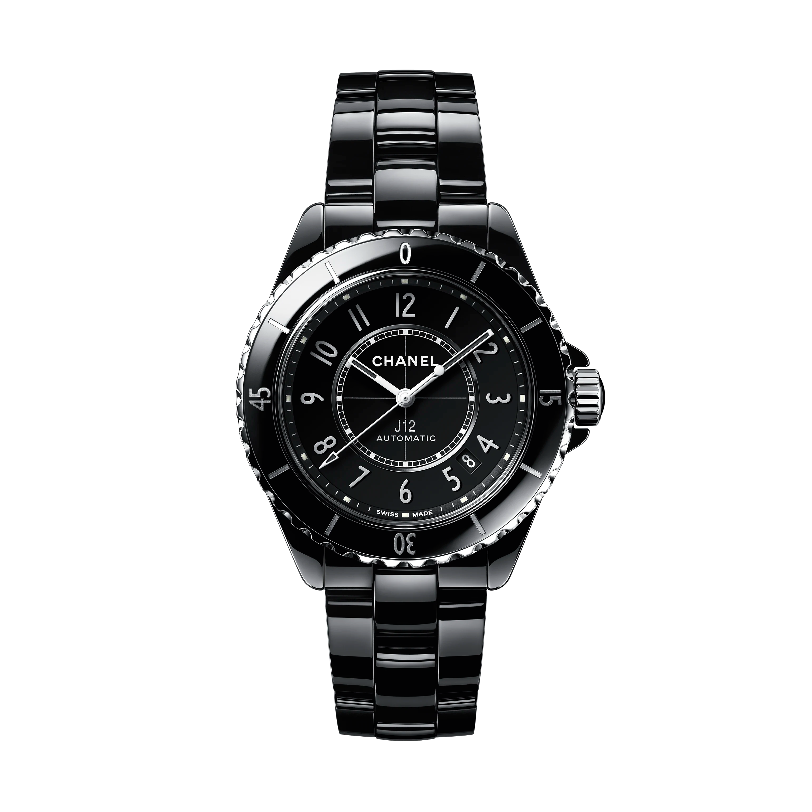The Chanel J12 is a black automatic watch with a durable ceramic bracelet and round black dial, featuring white hour markers and hands, shown on a plain white background.