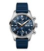 Stainless steel pilot's chronograph watch with dark blue dial, white Arabic numerals, date window, and blue rubber strap.