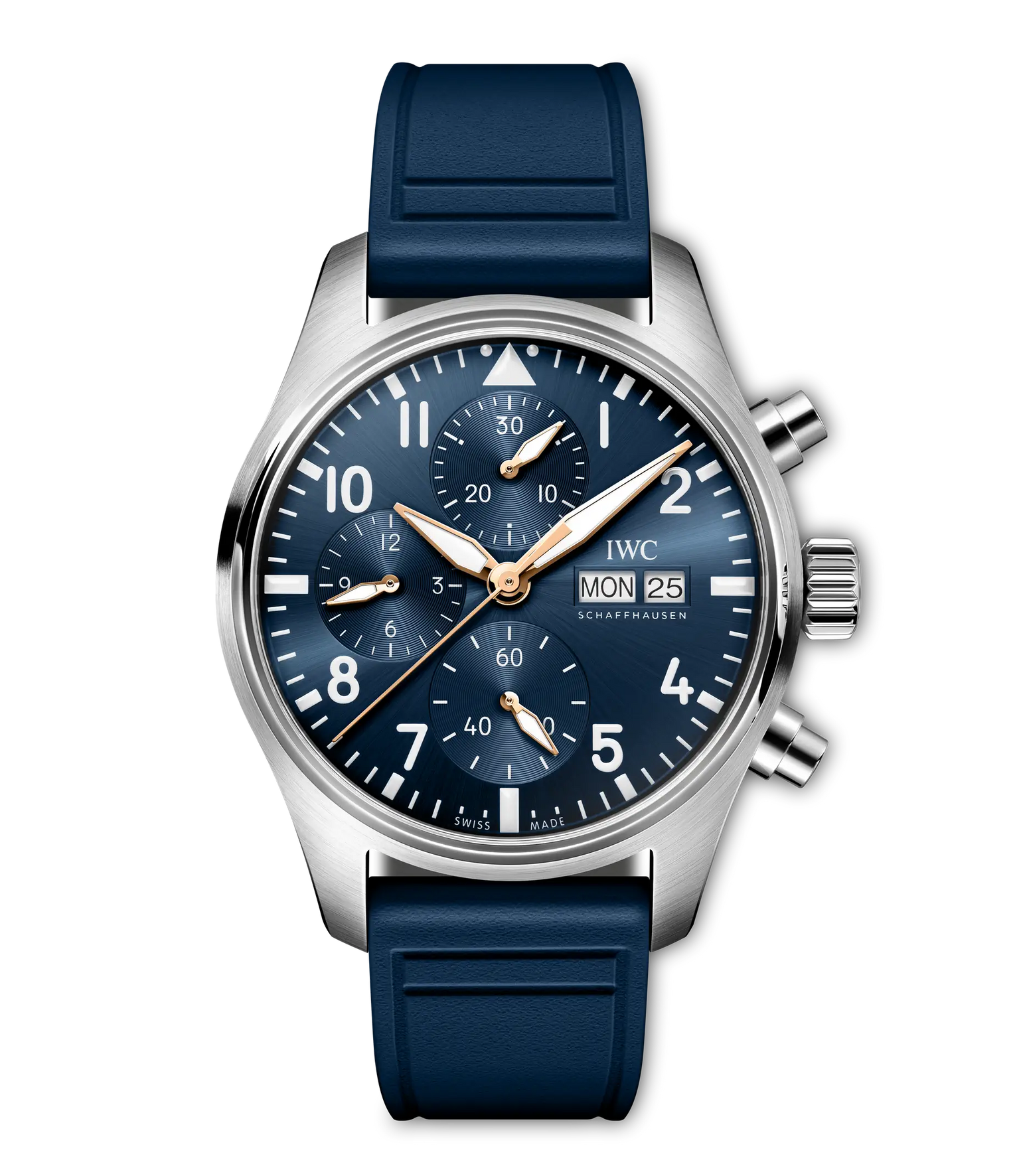 Stainless steel pilot's chronograph watch with dark blue dial, white Arabic numerals, date window, and blue rubber strap.