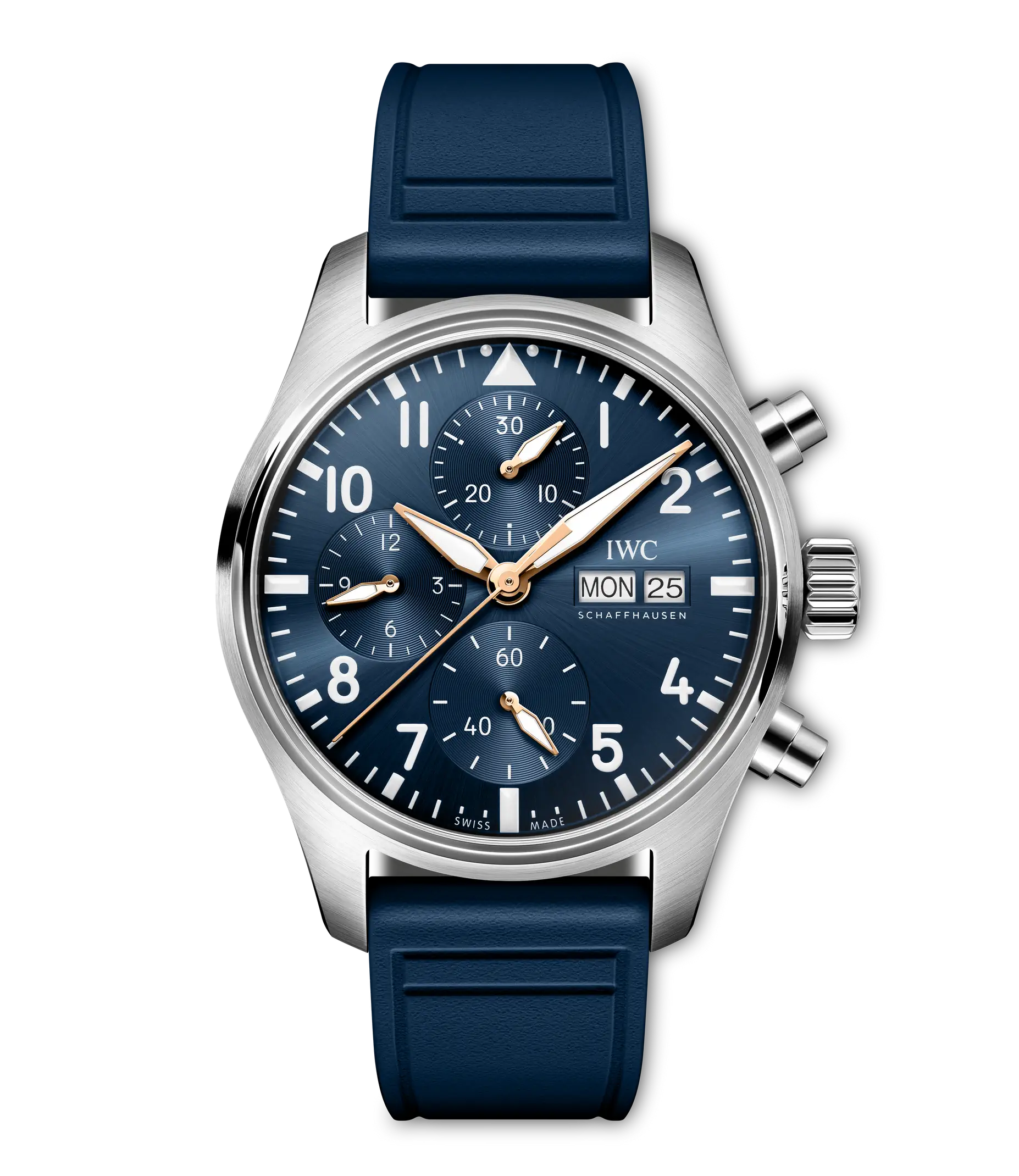 Stainless steel pilot's chronograph watch with dark blue dial, white Arabic numerals, date window, and blue rubber strap.