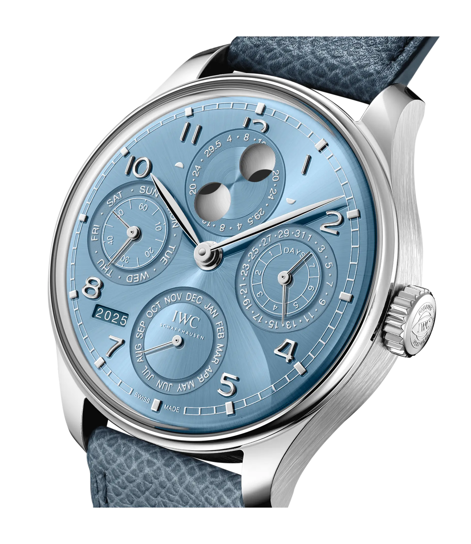 The IWC Schaffhausen Portugieser Perpetual Calendar 44 features a light blue face, silver case, blue textured strap, multiple subdials, moon phase display, and a 2025 year window.