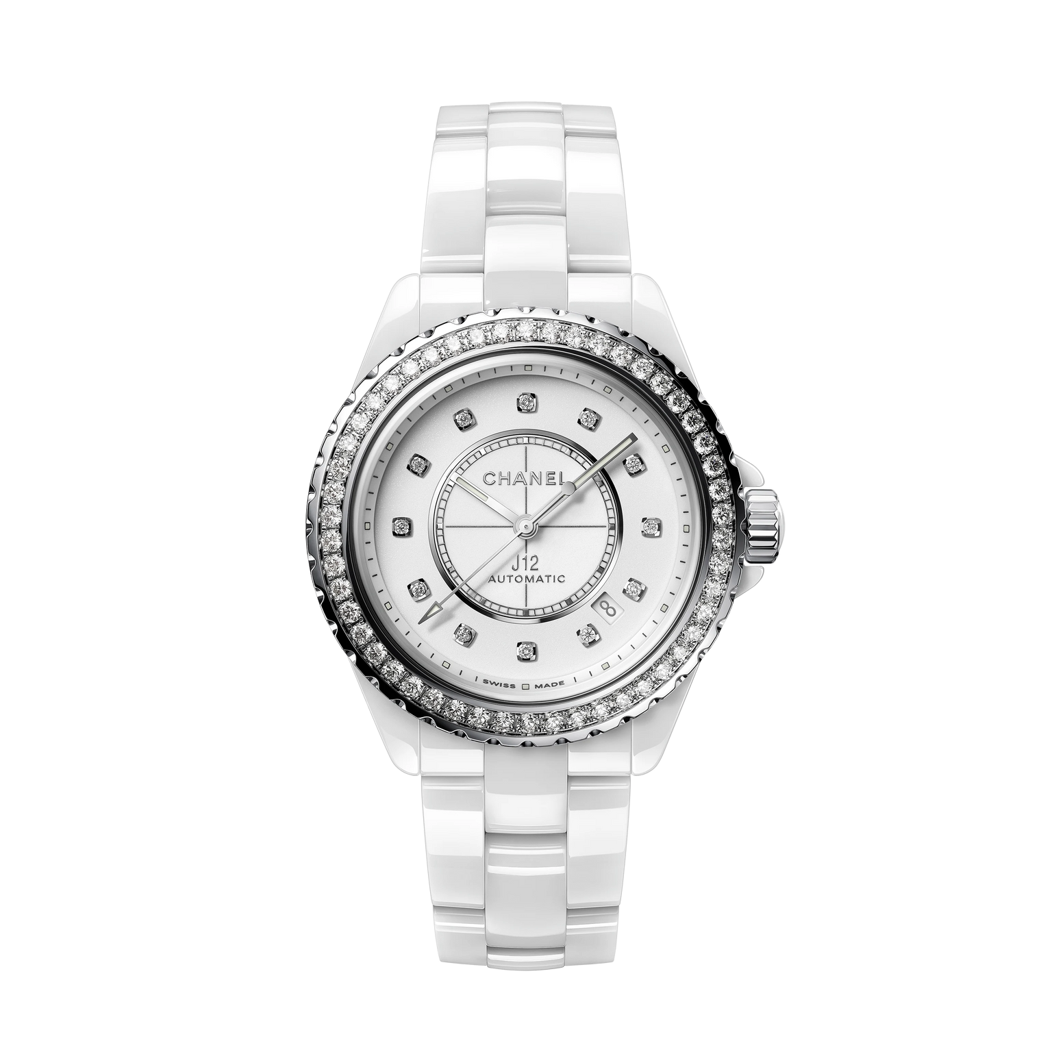The Chanel J12 Diamond Bezel is an automatic white wristwatch featuring a highly resistant ceramic bracelet, diamond-studded bezel, and diamond hour markers on a white dial, displayed against a plain white background.