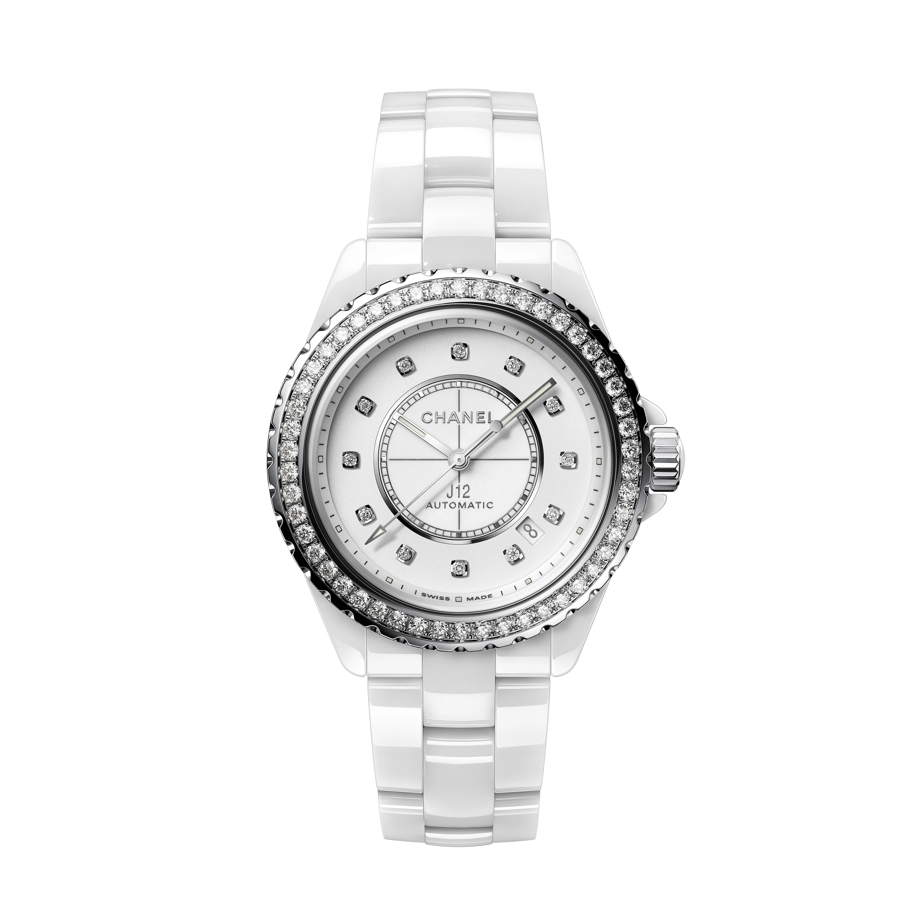 The Chanel J12 Diamond Bezel is an automatic white wristwatch featuring a highly resistant ceramic bracelet, diamond-studded bezel, and diamond hour markers on a white dial, displayed against a plain white background.