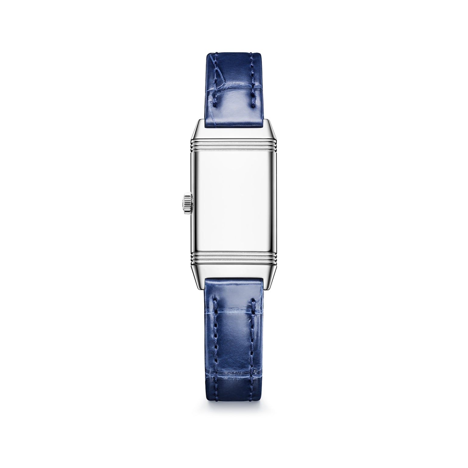 Rectangular steel watch with blank dial face and blue leather strap.