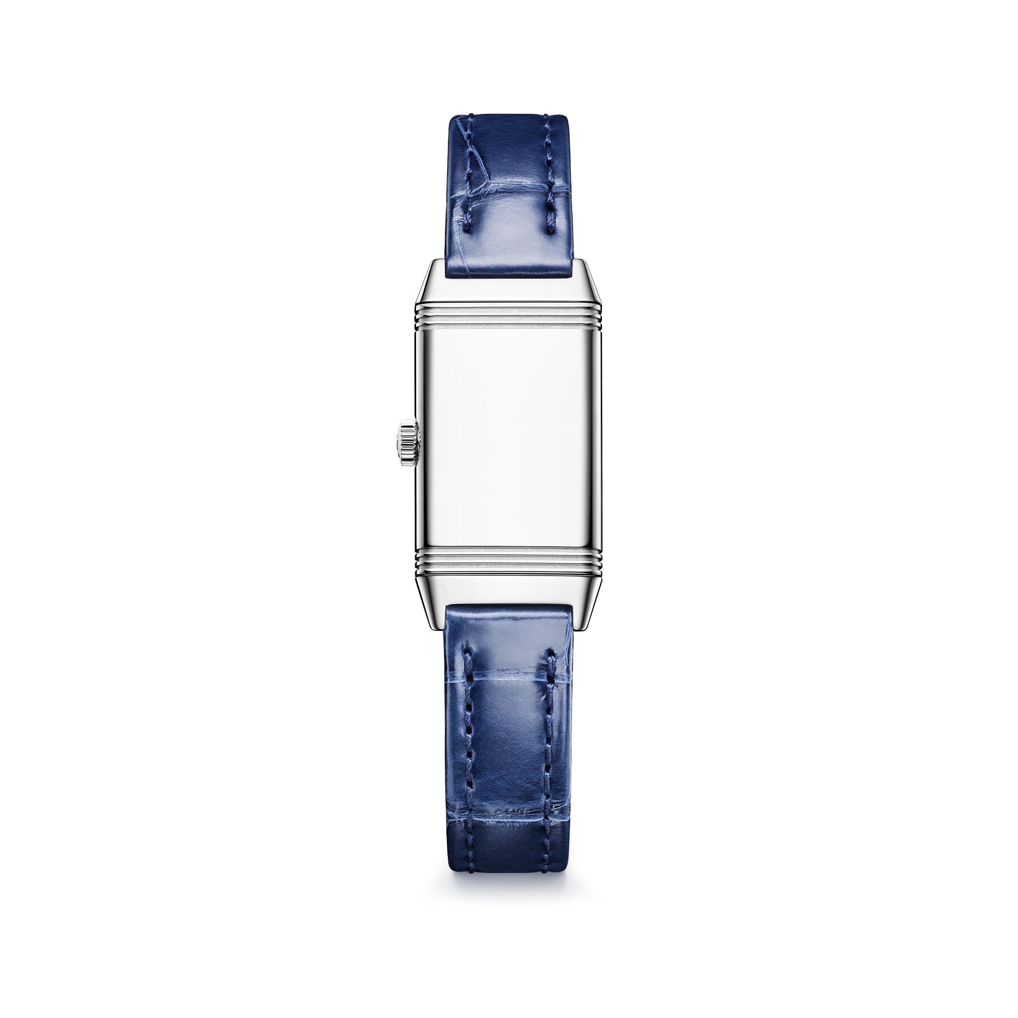 Rectangular steel watch with blank dial face and blue leather strap.