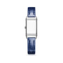 Rectangular steel watch with blank dial face and blue leather strap.