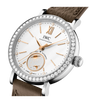 Silver stainless steel watch with white dial, rose gold hands and hour markers, diamond bezel, day-night indicator, and taupe