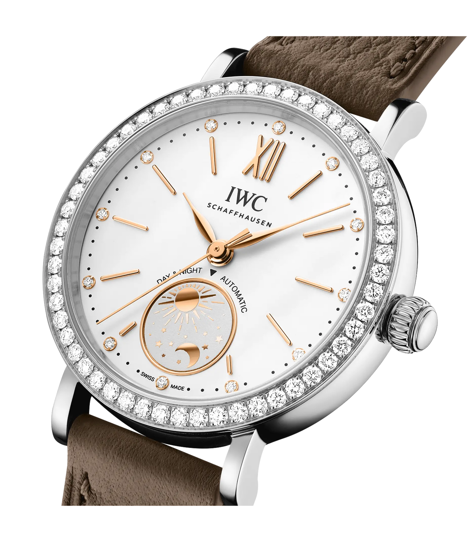 Silver stainless steel watch with white dial, rose gold hands and hour markers, diamond bezel, day-night indicator, and taupe