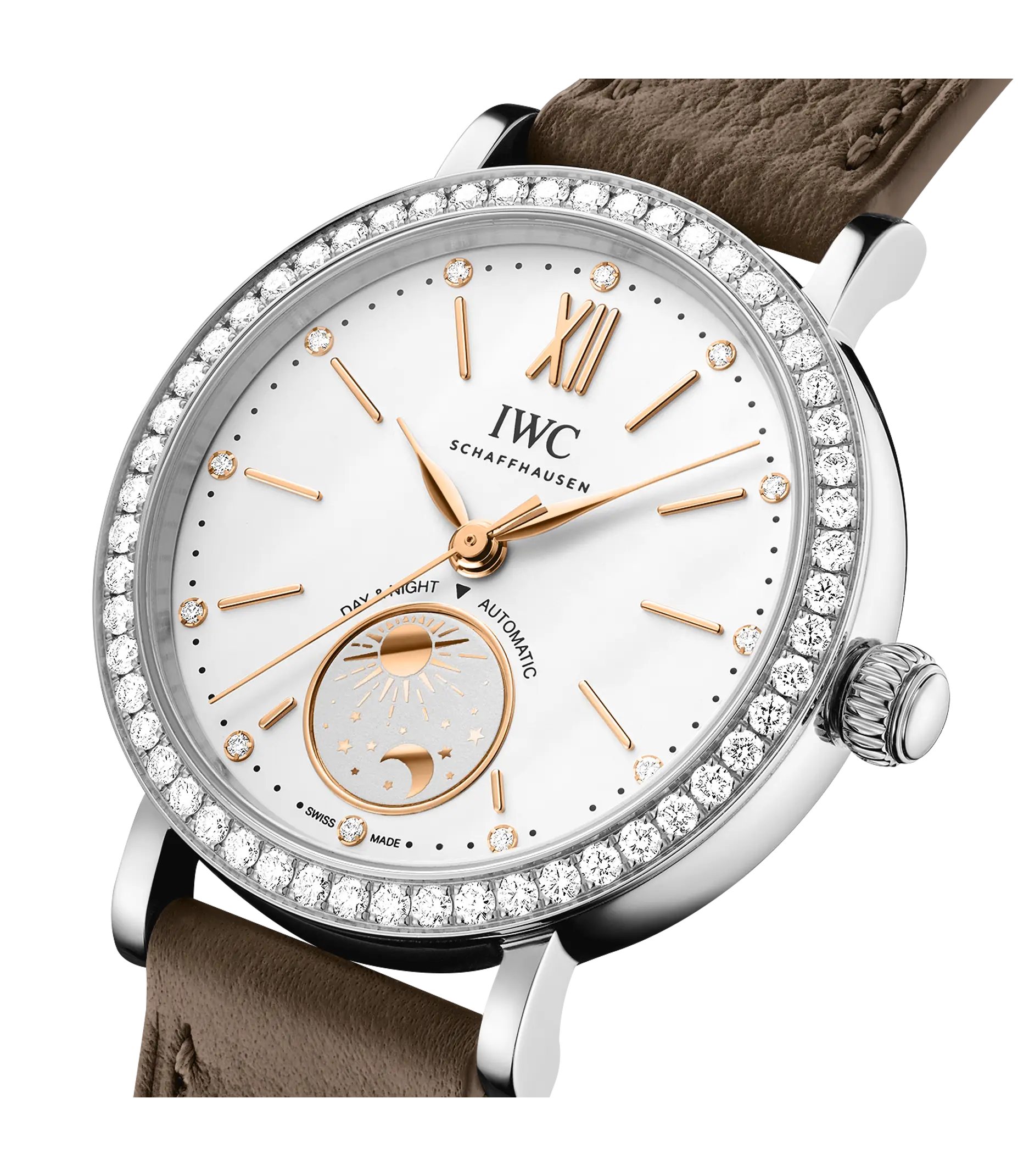 Silver stainless steel watch with white dial, rose gold hands and hour markers, diamond bezel, day-night indicator, and taupe