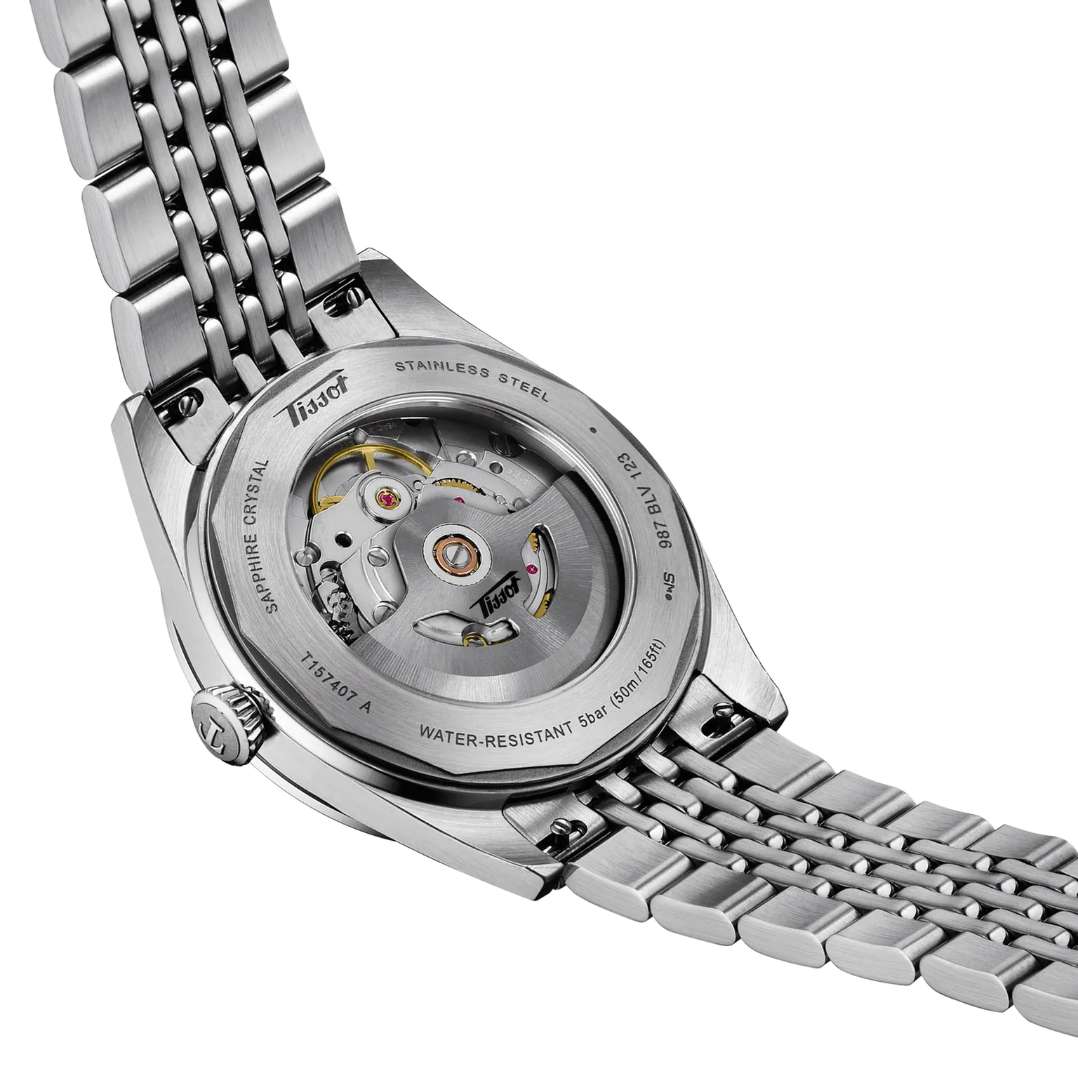 Stainless steel watch with visible automatic movement through caseback, metal bracelet, and water-resistant design.