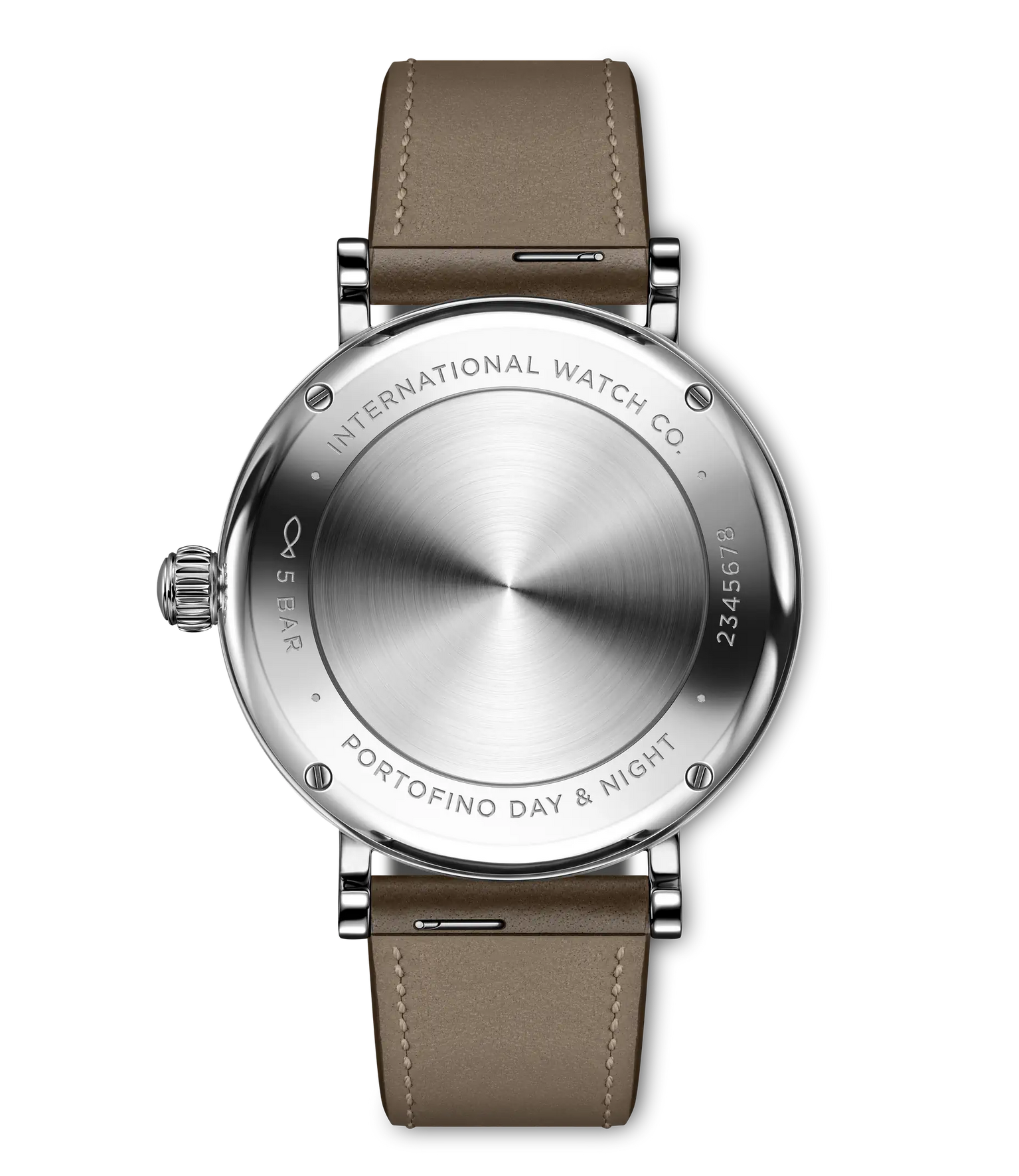 Silver stainless steel watch with brushed dial, taupe leather strap, and engraved case back showing "Portofino Day & Night" t