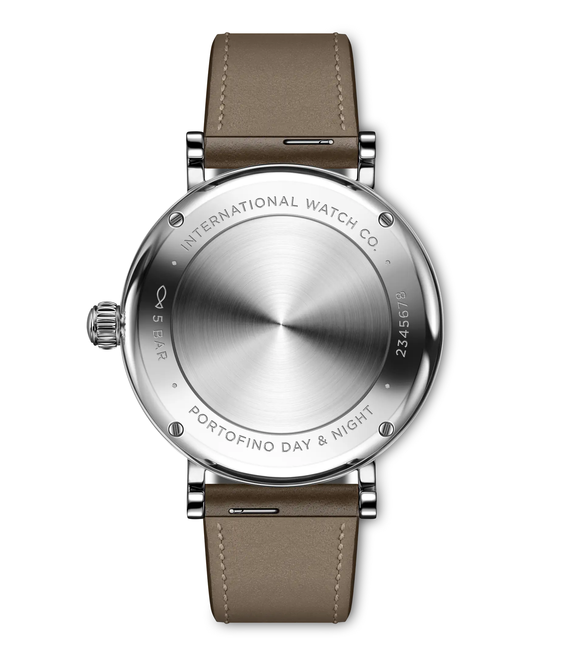 Silver stainless steel watch with brushed dial, taupe leather strap, and engraved case back showing "Portofino Day & Night" t