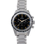 An OMEGA Speedmaster wristwatch featuring a black dial, metal strap, and tachymeter bezel.