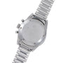 The back of the OMEGA Speedmaster features an engraved lion emblem and a silver metal link band.