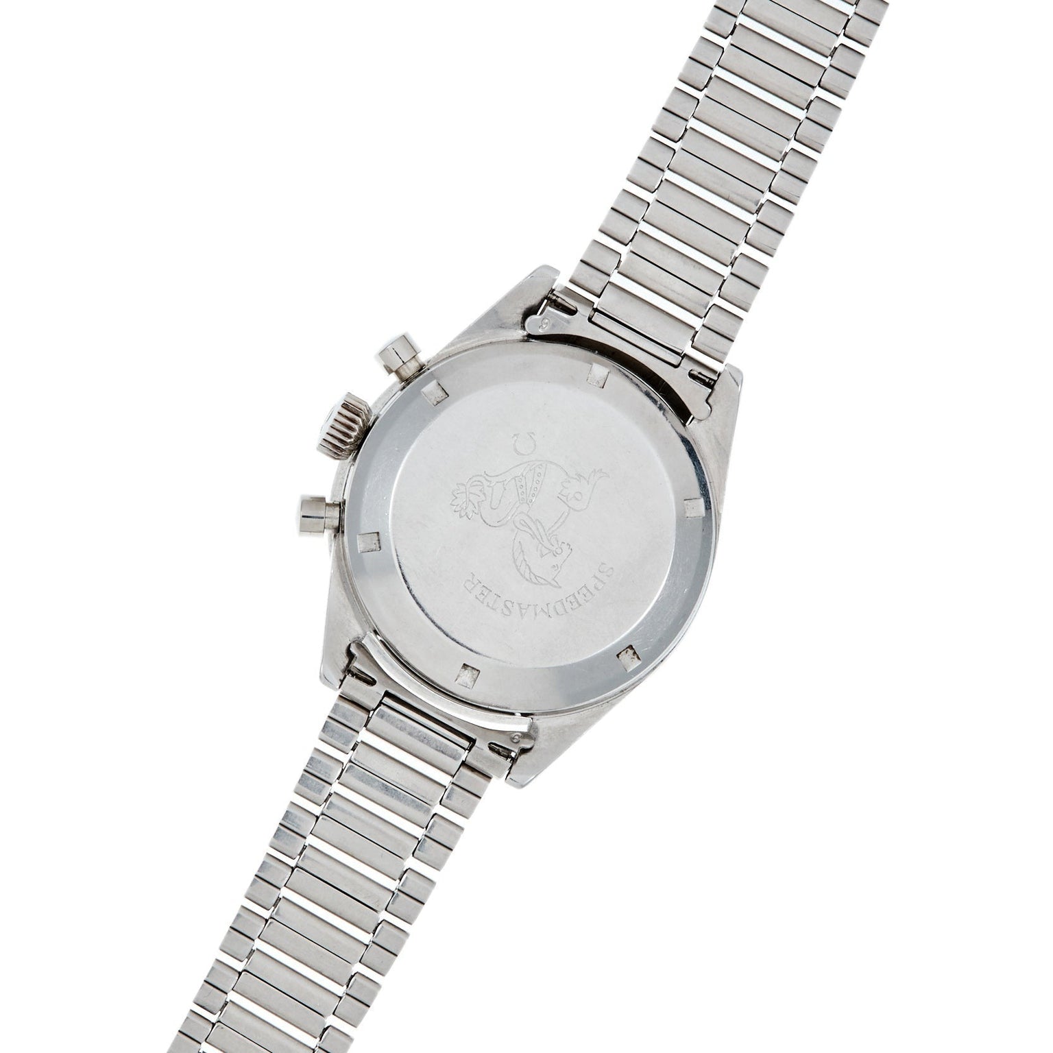 Back of the Speedmaster Ed White by Watches of Switzerland, featuring an engraved logo on stainless steel and a linked metal band.