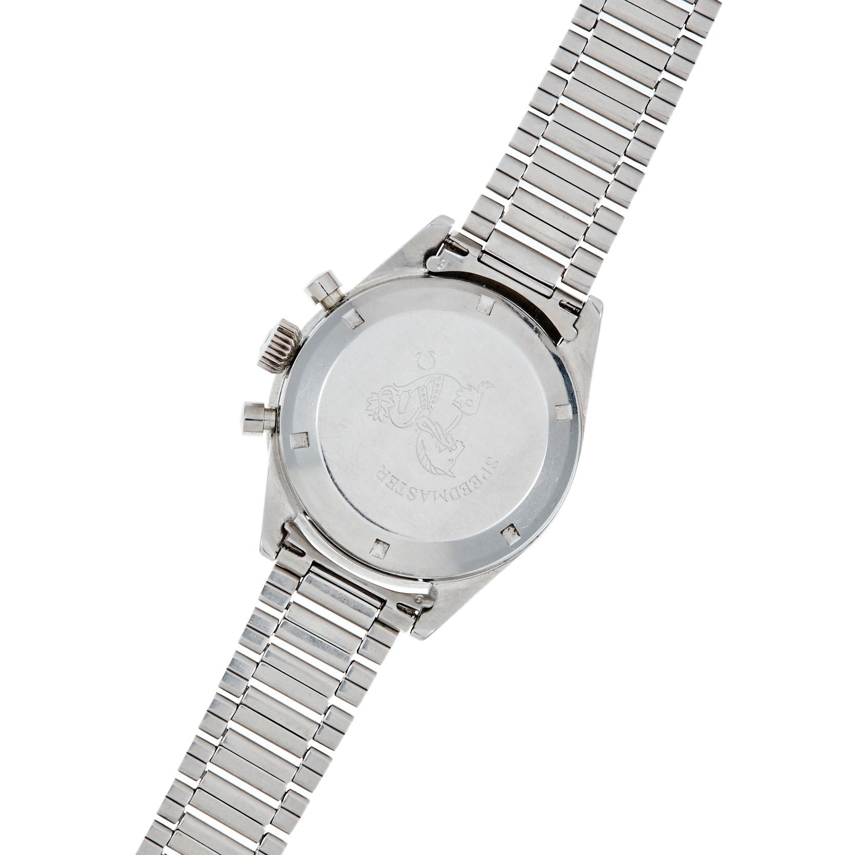 Back of the Speedmaster Ed White by Watches of Switzerland, featuring an engraved logo on stainless steel and a linked metal band.