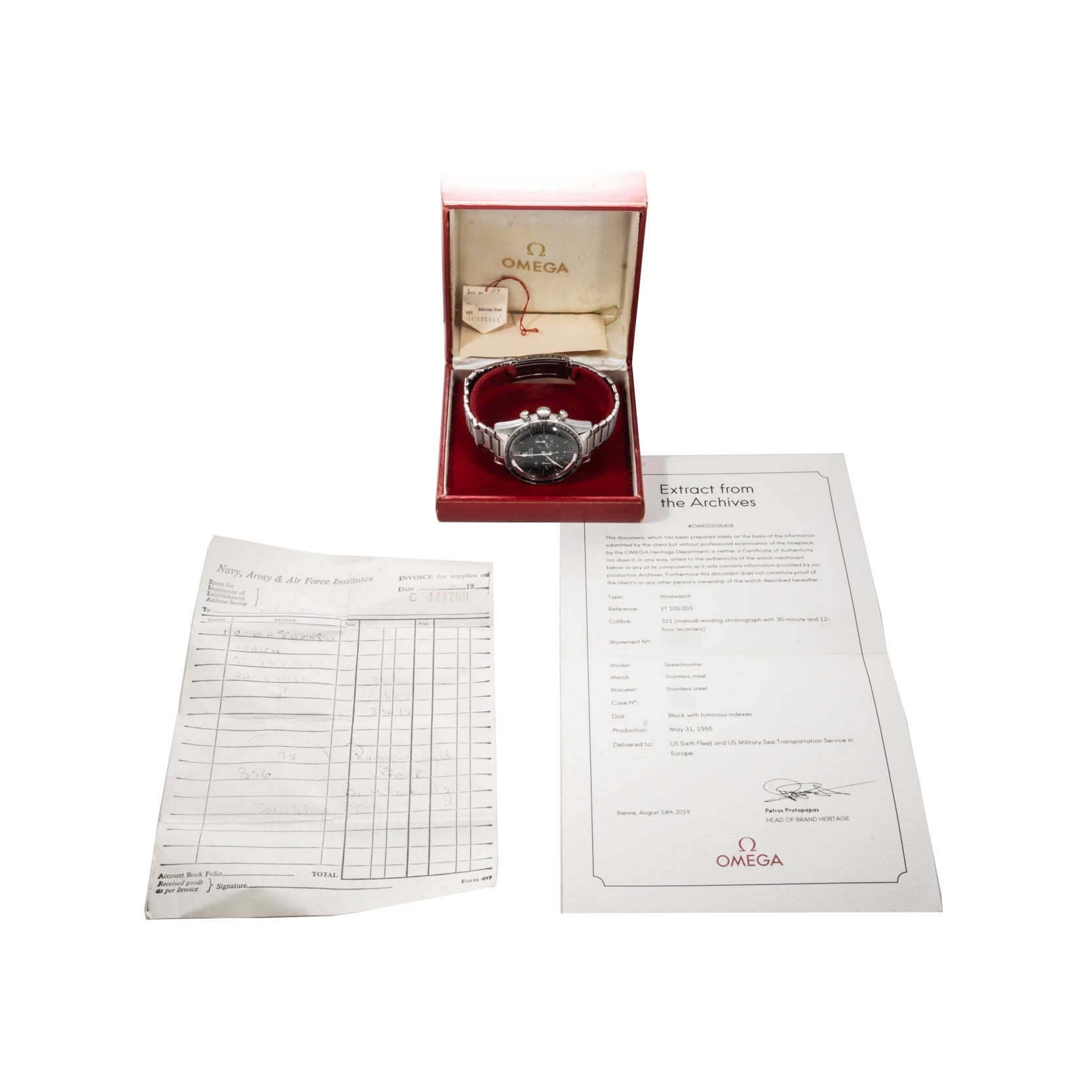 A Speedmaster Ed White by Watches of Switzerland is shown in its box with two documents on display, all set against a white background.