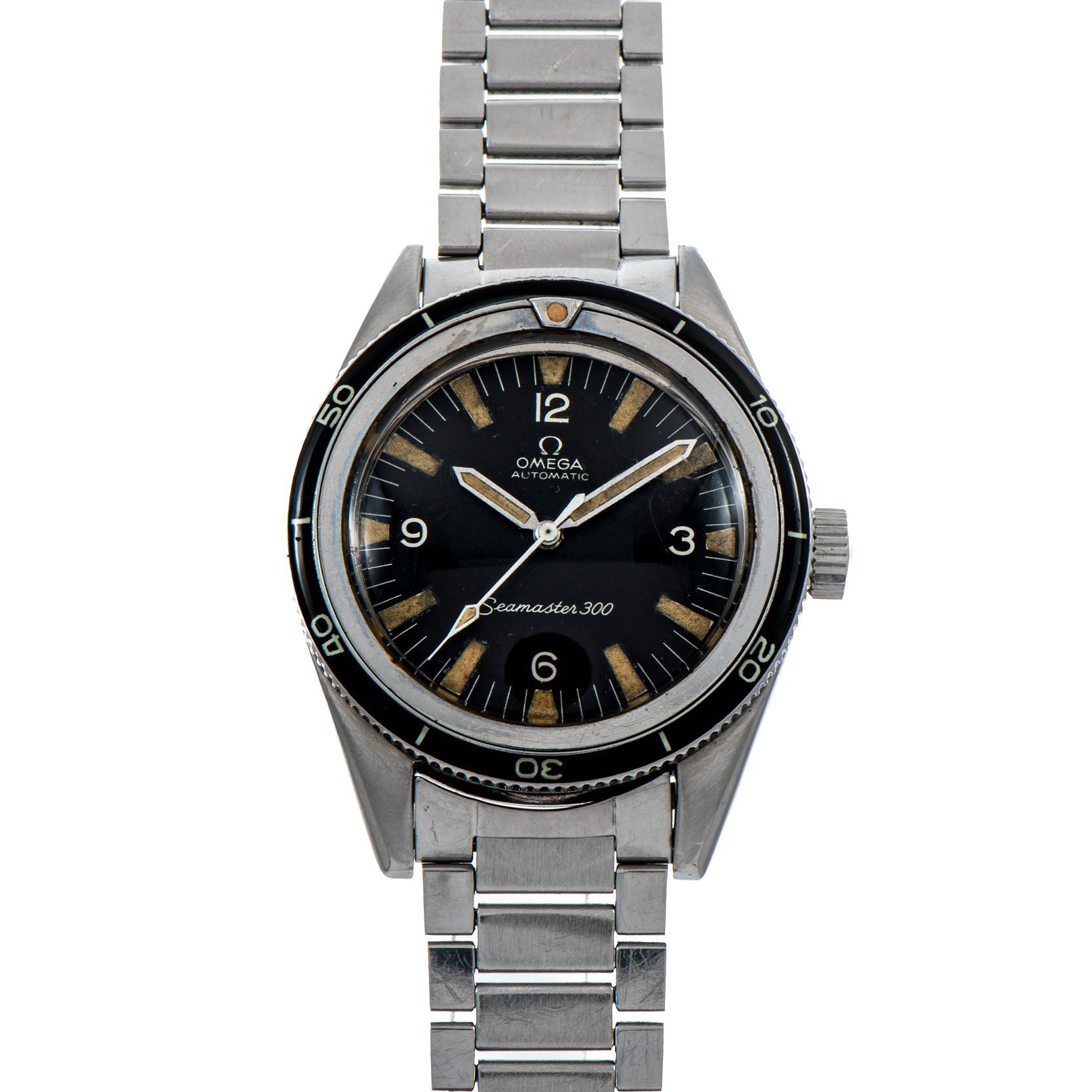 The OMEGA Seamaster 300 is a vintage wristwatch featuring a black dial and silver metal bracelet.