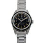The OMEGA Seamaster 300 is a vintage wristwatch featuring a black dial and silver metal bracelet.