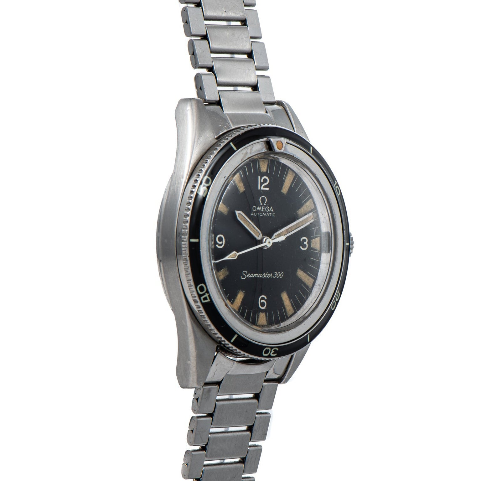 An OMEGA Seamaster 300 wristwatch featuring a black dial and stainless steel band.