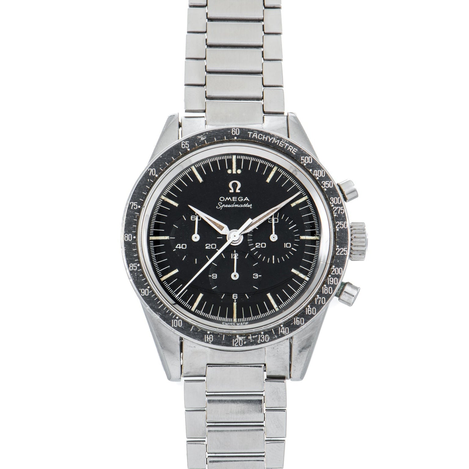 The OMEGA Speedmaster wristwatch features a black dial, silver case, metal link bracelet, and chronograph functions.