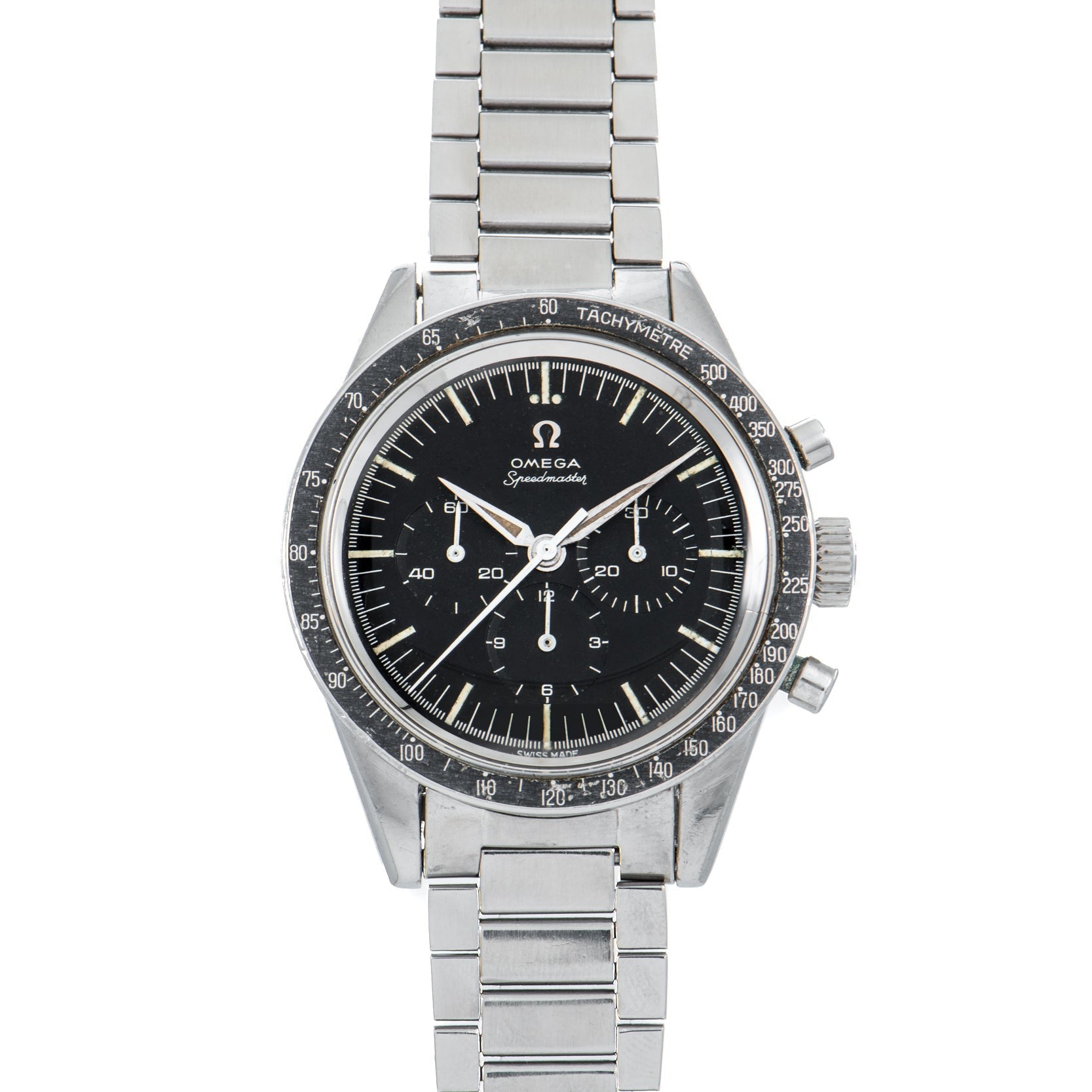 The OMEGA Speedmaster wristwatch features a black dial, silver case, metal link bracelet, and chronograph functions.