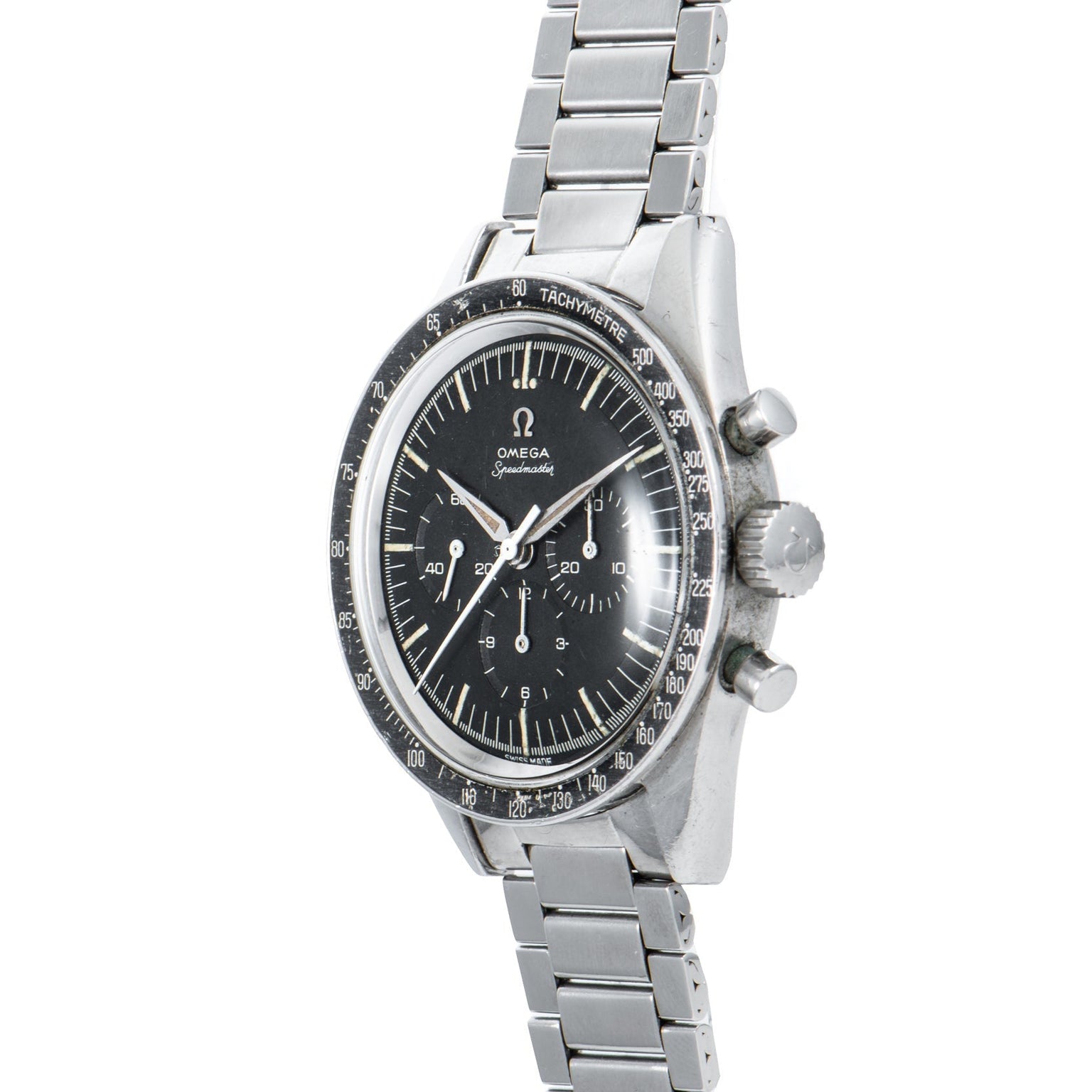 An OMEGA Speedmaster watch featuring a stainless steel case, black dial, and metal bracelet, shown from an angled view.