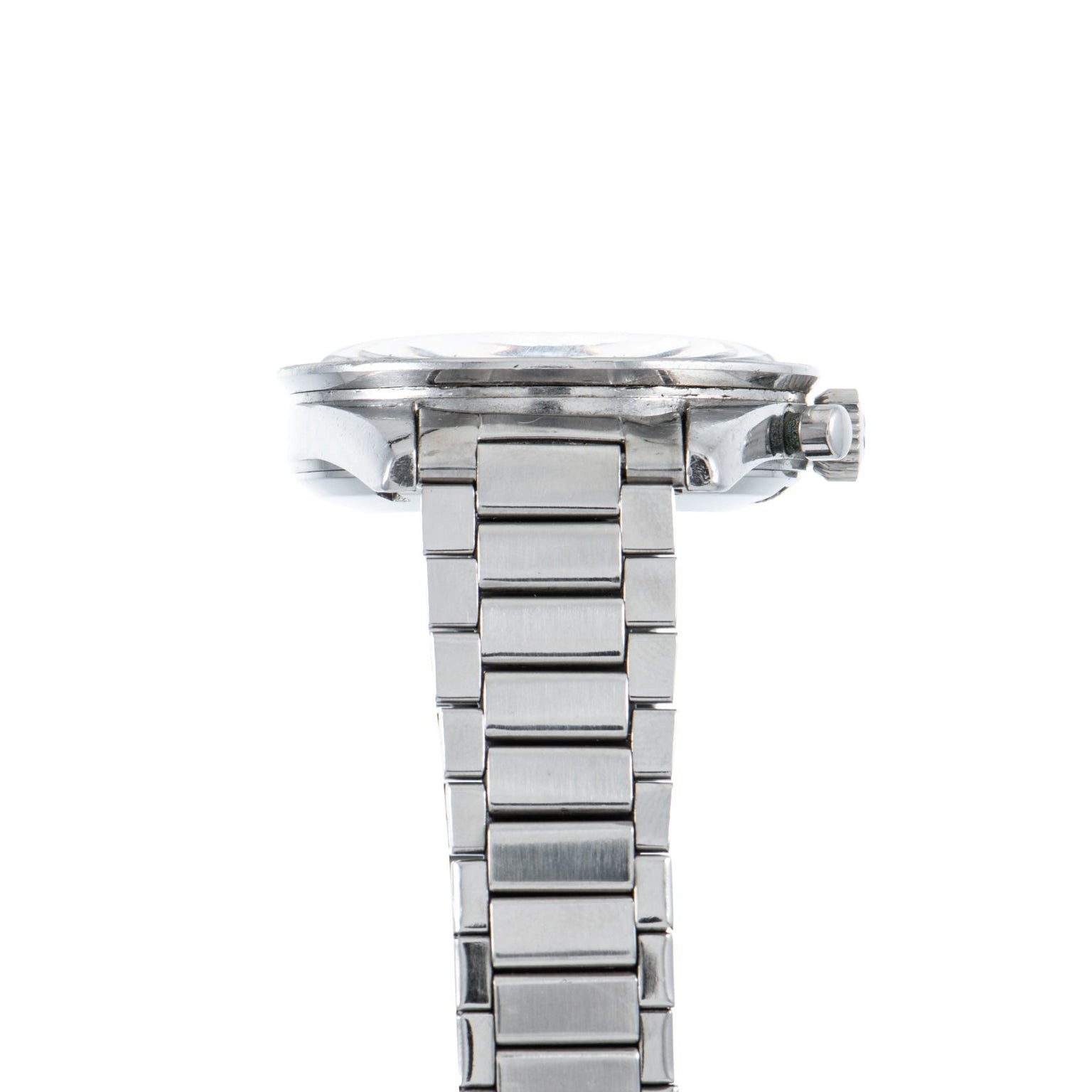 Side view of the OMEGA Speedmaster, a silver metal wristwatch with a link band and round case, shown against a white background.