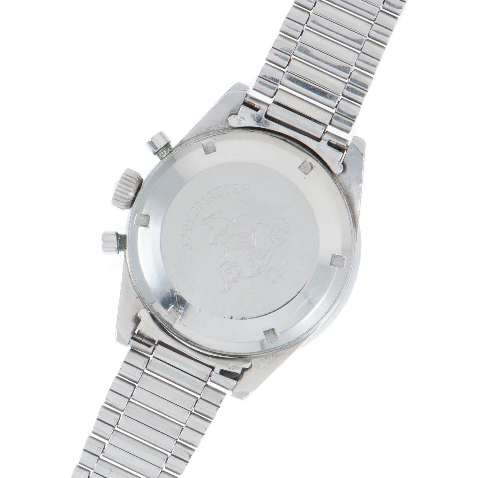 Back view of an OMEGA Speedmaster watch featuring a silver metal band and the engraved OMEGA logo on the case back.