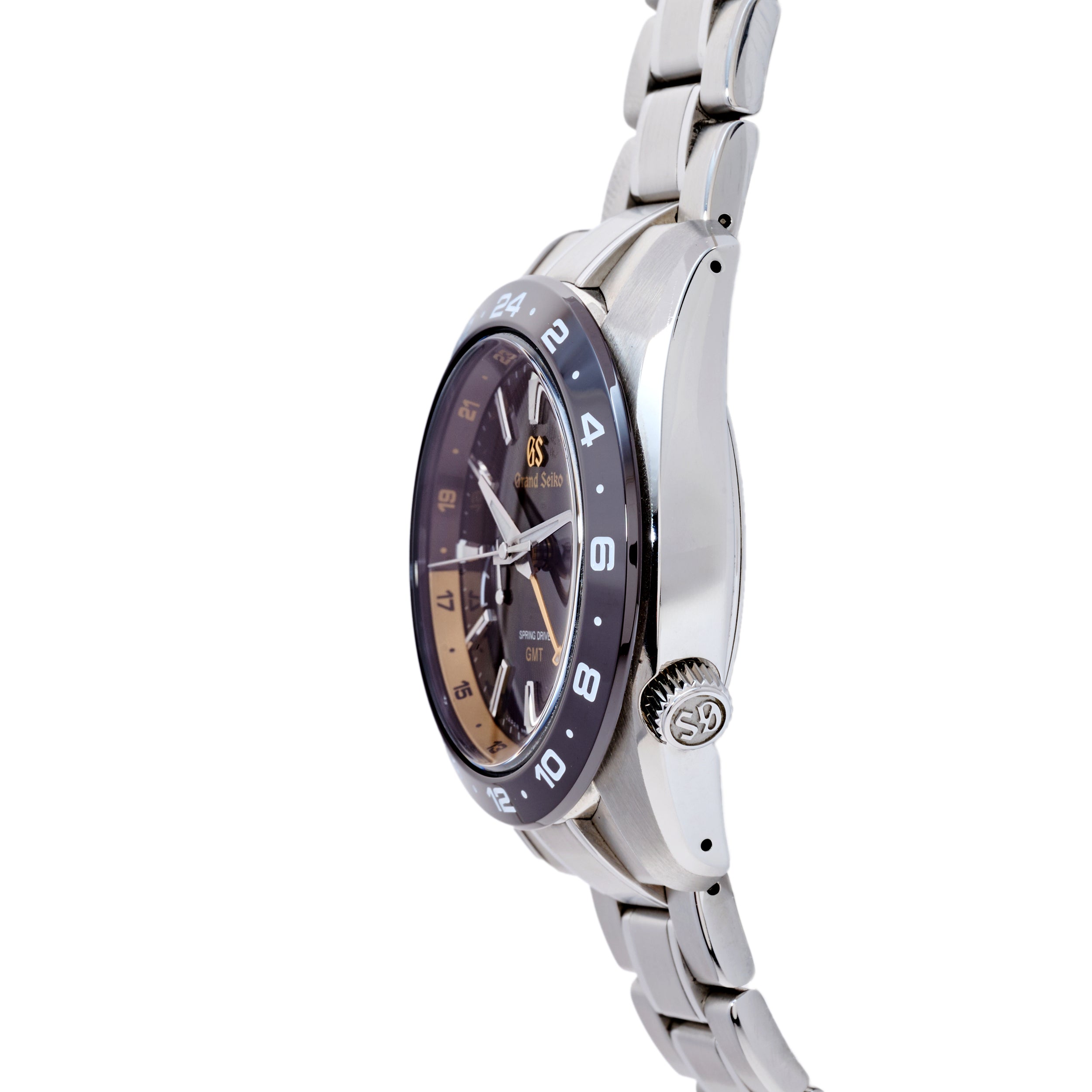 Silver wristwatch with a dark face on a white background
