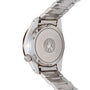 Close-up of a silver watch with brand emblem on a white background