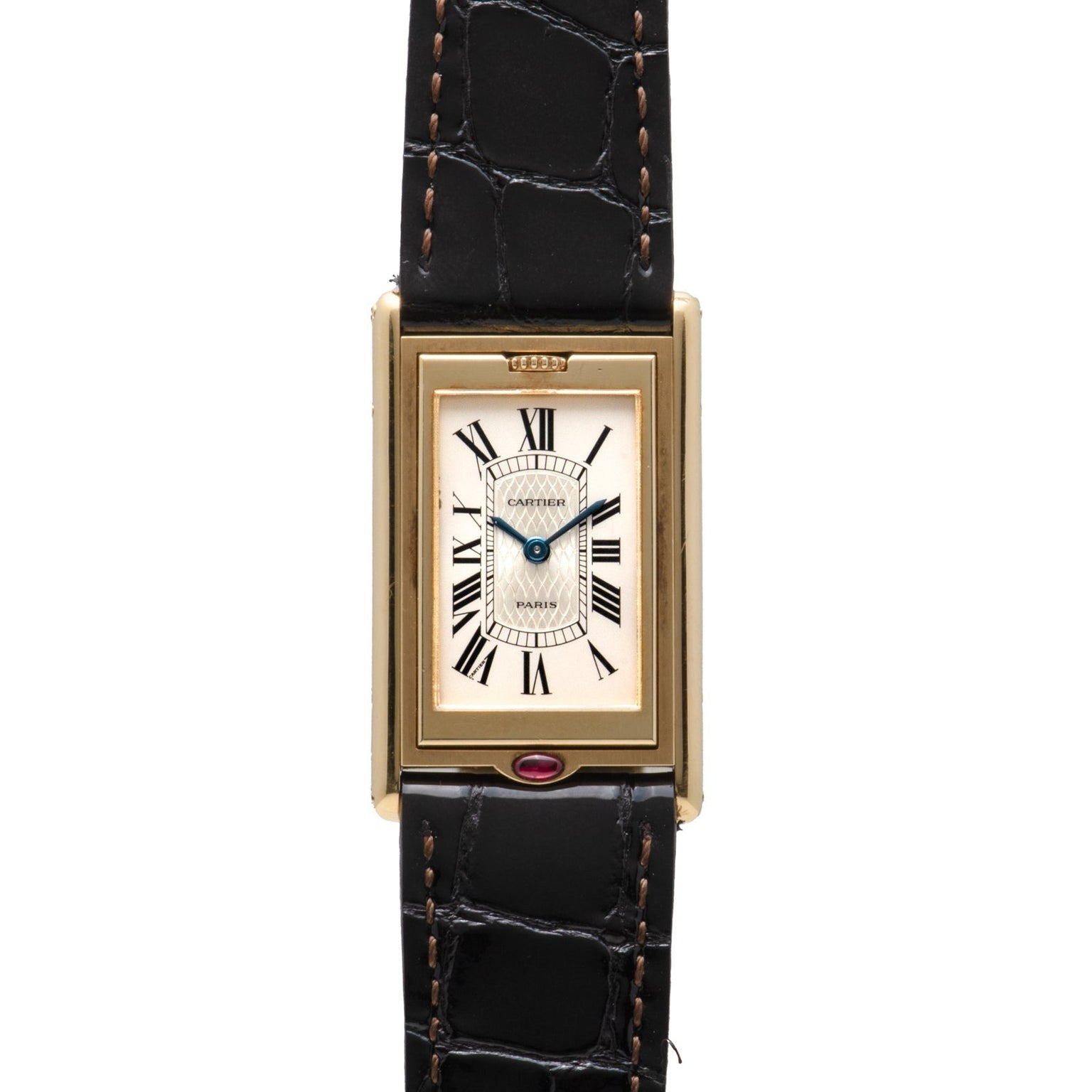 A Cartier Tank Basculante Mécanique 150th Anniversary Limited Edition wristwatch featuring a rectangular gold case, white dial with Roman numerals, and a black leather strap.