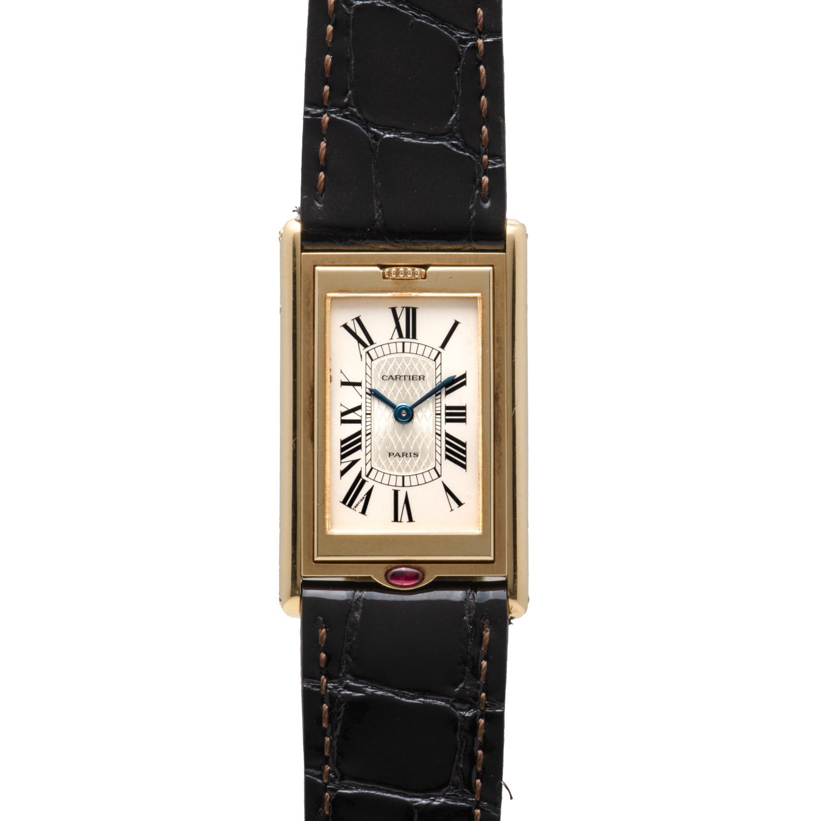A Cartier Tank Basculante Mécanique 150th Anniversary Limited Edition wristwatch featuring a rectangular gold case, white dial with Roman numerals, and a black leather strap.