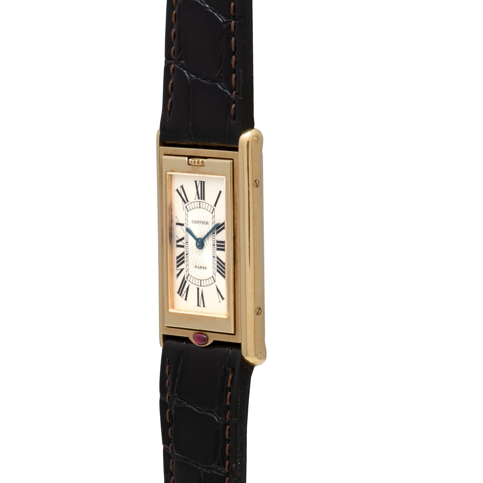 Cartier Tank Basculante Mécanique 150th Anniversary Limited Edition: gold rectangular case, white dial with Roman numerals, and black leather strap.