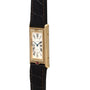 Cartier Tank Basculante Mécanique 150th Anniversary Limited Edition: gold rectangular case, white dial with Roman numerals, and black leather strap.