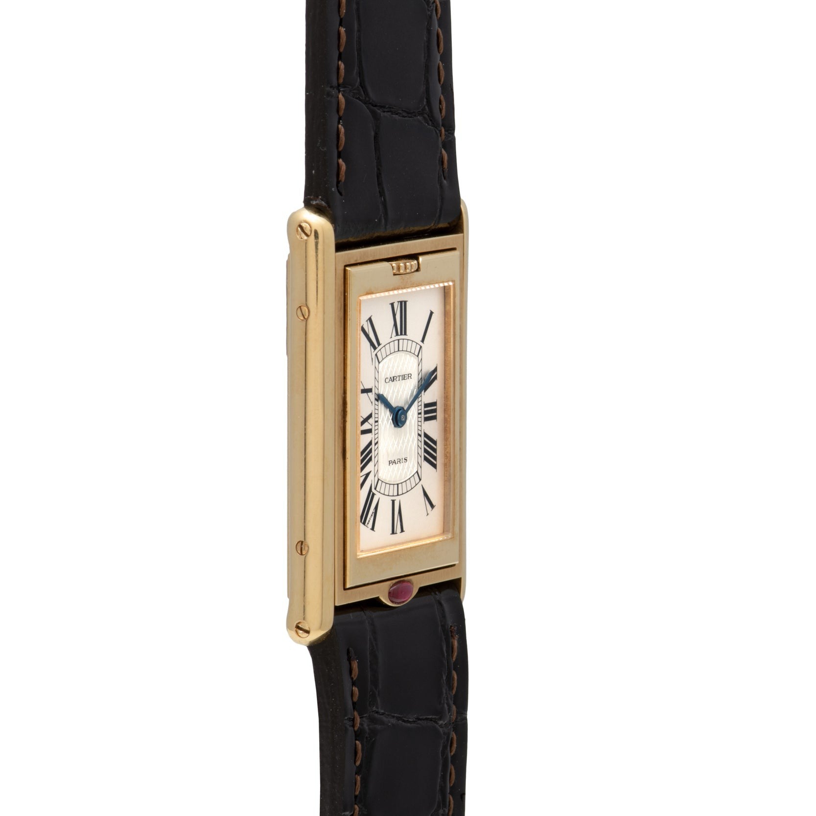 Cartier Tank Basculante Mécanique 150th Anniversary Limited Edition: gold rectangular case, black leather strap, Roman numerals, and blue hands, seen from the side.