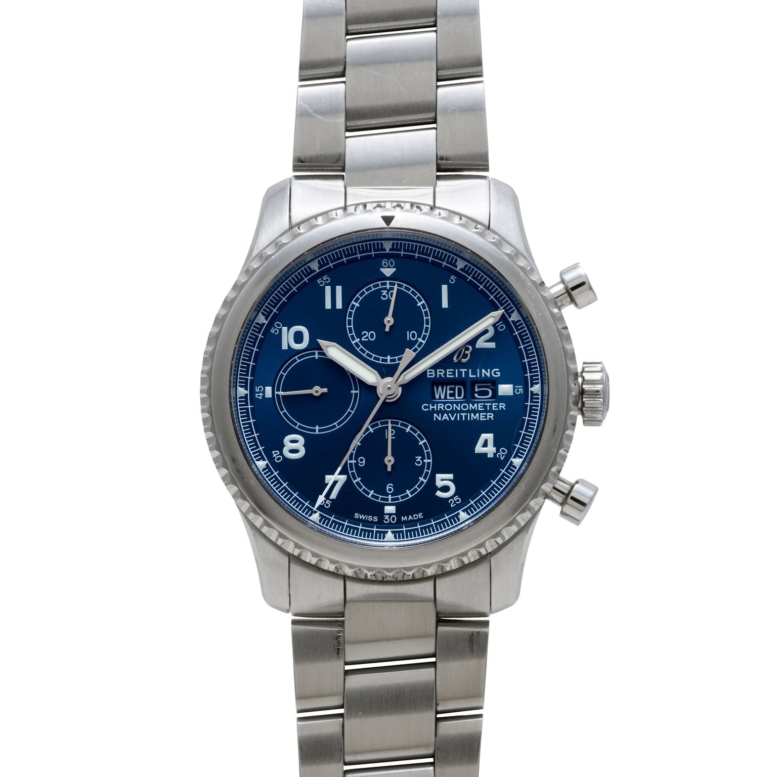 The Breitling Navitimer 8 Chronograph features a blue dial with three subdials and a stainless steel band.