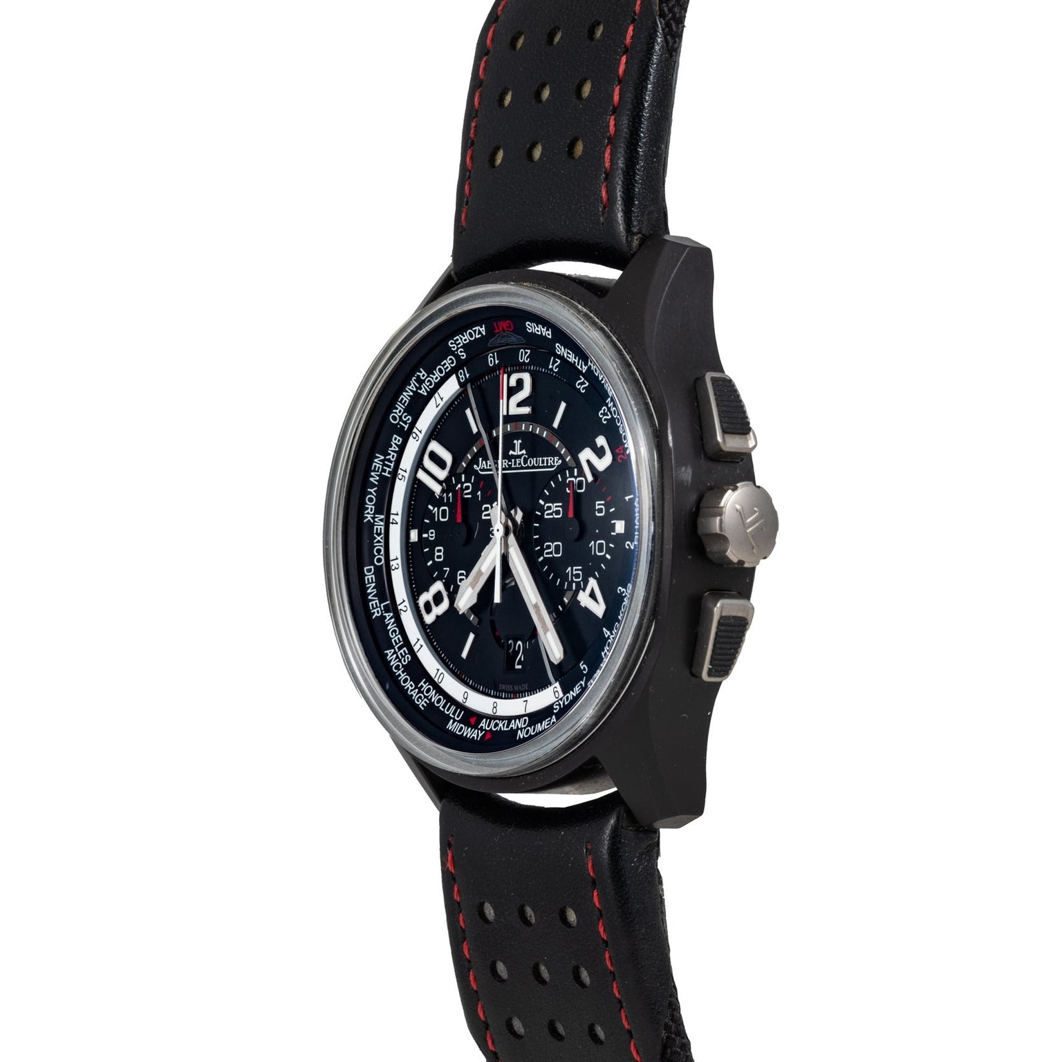 The Jaeger-LeCoultre Amvox 5 World Chronograph features a perforated black strap with red stitching and a detailed multi-chronograph dial.