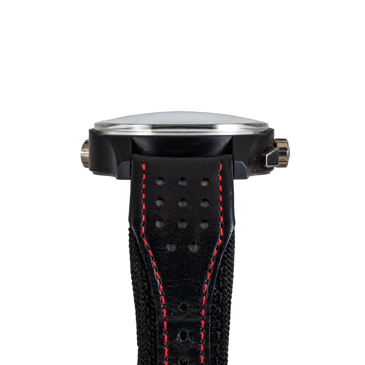 Close-up side view of the Jaeger-LeCoultre Amvox 5 World Chronograph by Jaeger-LeCoultre, featuring a black case, textured strap with red stitching, set against a white background.