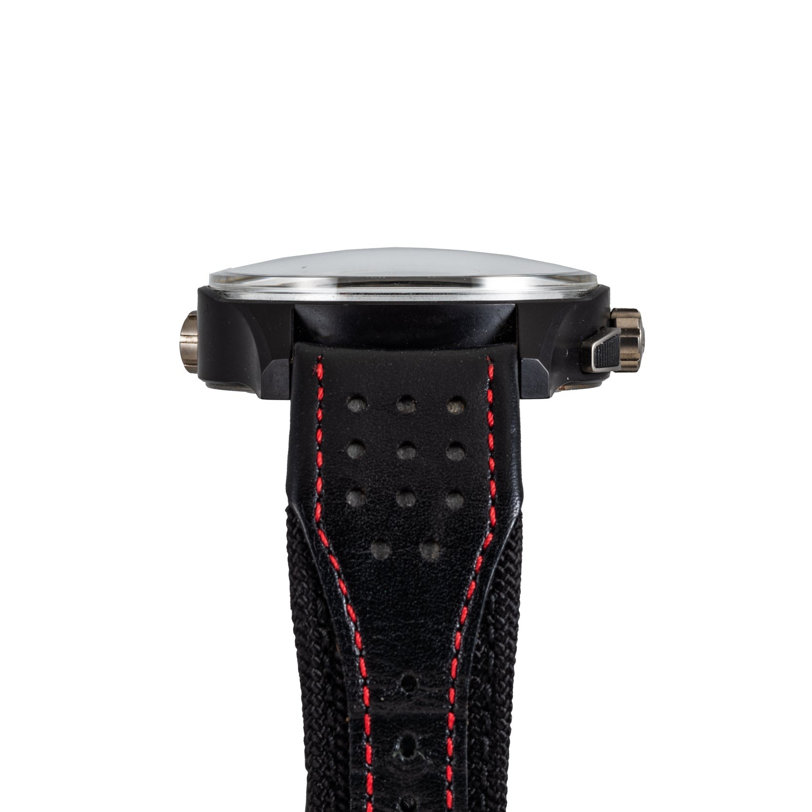 Close-up side view of the Jaeger-LeCoultre Amvox 5 World Chronograph by Jaeger-LeCoultre, featuring a black case, textured strap with red stitching, set against a white background.