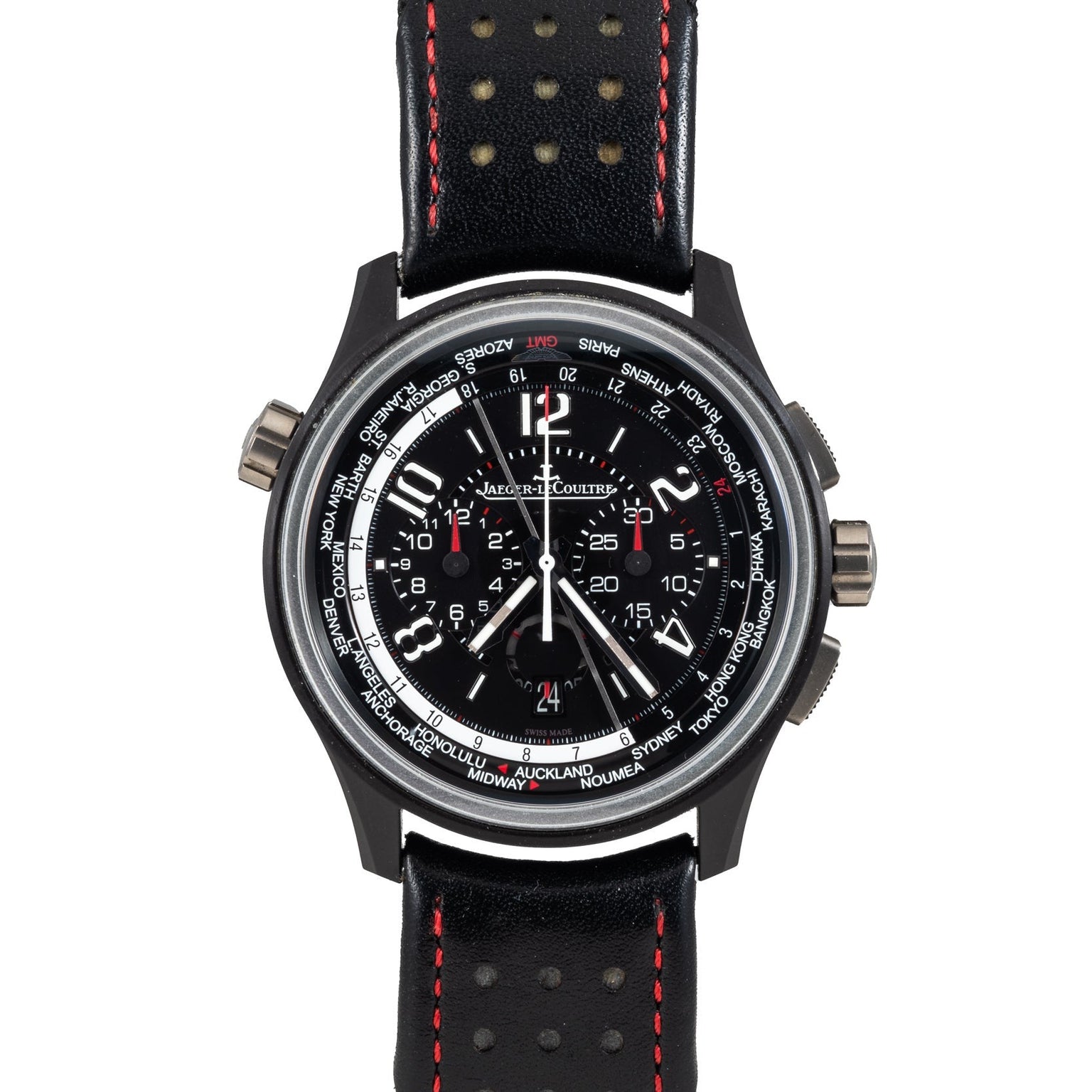 The Jaeger-LeCoultre Amvox 5 World Chronograph is a black wristwatch with a black leather strap featuring red stitching and multiple dials.