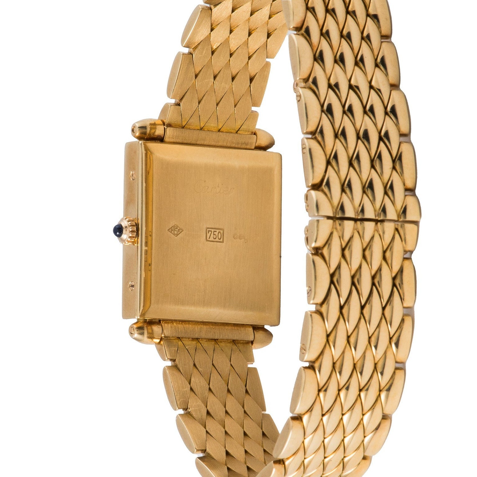 Gold-toned rectangular watch with quilted link bracelet and black crown detail.