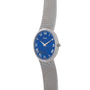 Piagets Lapis Lazuli Dress Watch features a silver mesh strap, a blue lapis lazuli dial with Roman numerals, and the Piaget logo.