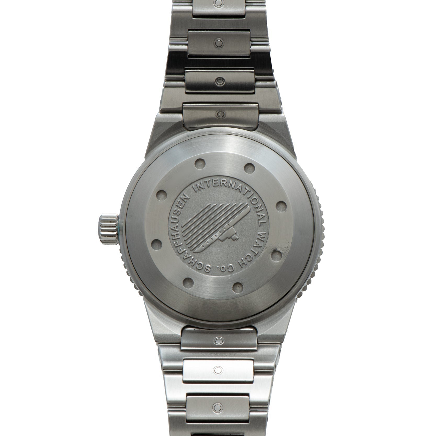 Back view of the IWC Schaffhausen Aquatimer GST 2000, featuring a stainless steel case with engravings and a brushed metal bracelet.